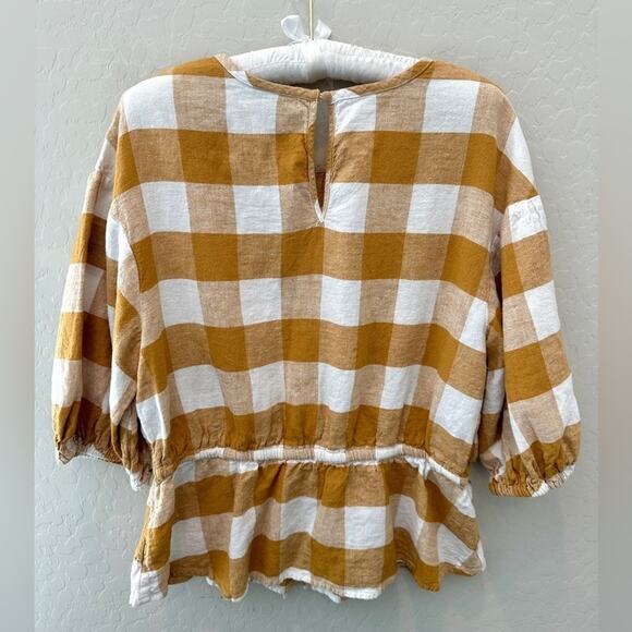 WHO WHAT WEAR | Gold Gingham Peplum Top Puff Sleeve Linen Blend Blouse | Large - Picture 5 of 7